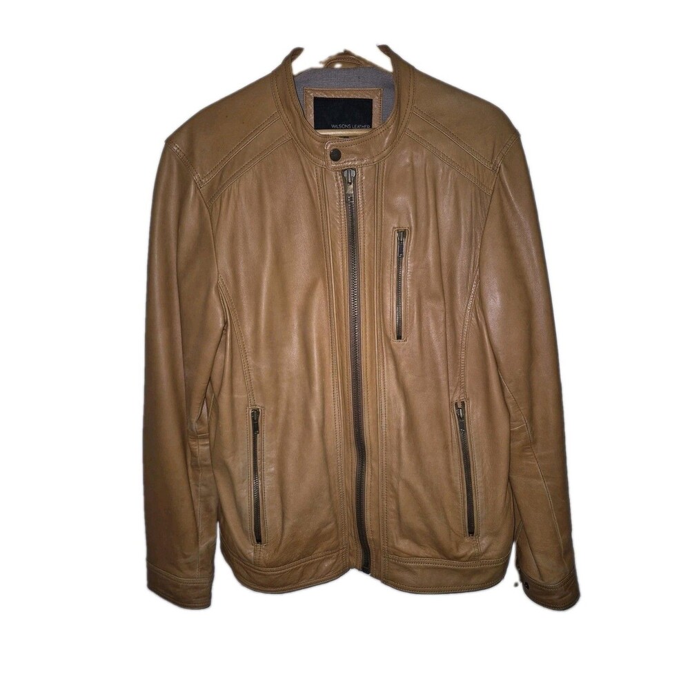 Wilsons Leather Men's Brown Leather Full Zip Band Collar Short Jacket Regular